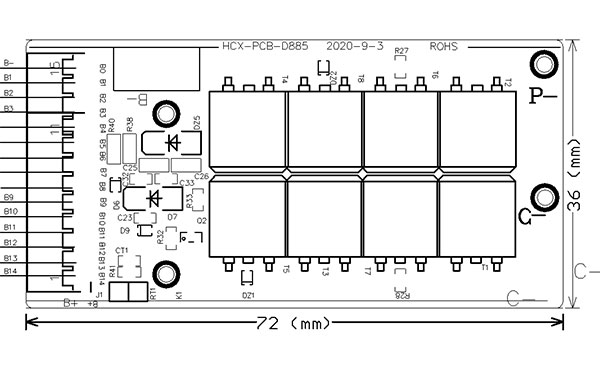 13串54V分口鋰電池保護板方案(圖1) PCB尺寸圖