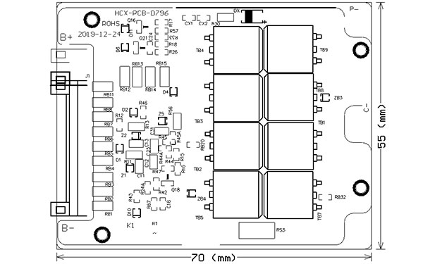 15串20A鐵鋰同口鋰電池保護板方案(圖1) PCB尺寸圖